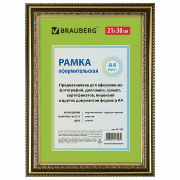 Рамка 21х30 см, пластик, багет 30 мм, BRAUBERG "HIT4", золото, стекло, 391000