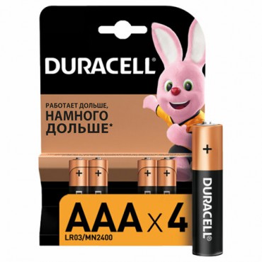 Батарейки КОМПЛЕКТ 4 шт., DURACELL Basic ОРИГИНАЛ, AAA (LR03, 24А), алкалиновые, мизинчиковые, MN 2400 AAA LR3