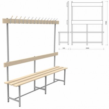 Скамья с вешалкой, спинкой "СВТ 6", 1765х2000х395 мм, 14 крючков, каркас металлический серый, сиденье дерево