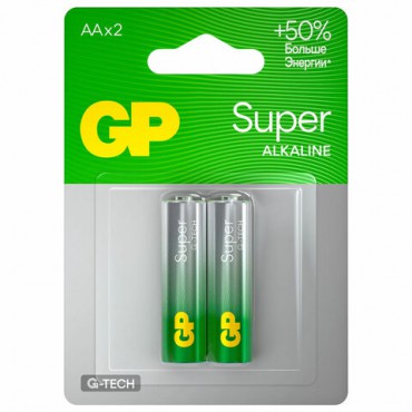 Батарейки КОМПЛЕКТ 2 шт., GP Super, AA (LR6, 15А), алкалиновые, пальчиковые, блистер, 15A-2CR2