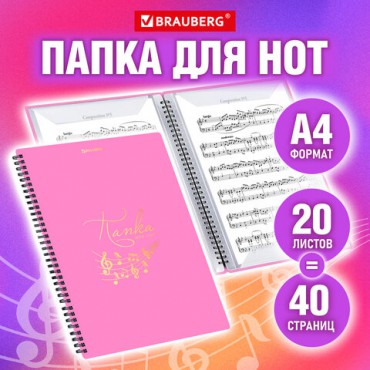 Папка-тетрадь для нот А4, 20 вкладышей на 40 страниц, на гребне, пластик, РОЗОВАЯ, BRAUBERG, 404642